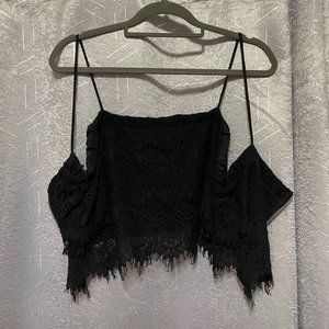 REVAMPED Black Lace Off-the-Shoulder Crop Top w Straps, Semi Sheer - Sz Medium